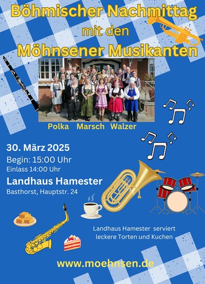 Böhmischer Nachmittag am 30.03.2025 im Ladhaus Hamester mit den Möhnsener Musikanten