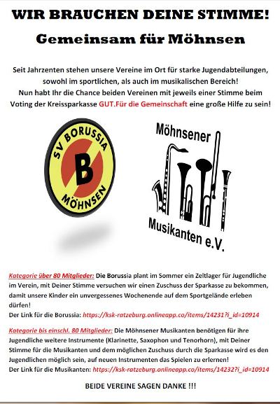 Wir brauchen Deine Stimme für SV Borussia Möhnsen und die Möhnsener Musikanten   Bild zum Vergrößern bitte anklicken