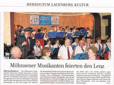 Die Lübecker Nachrichten berichten am 18. April 2013 über das Frühjahrskonzert der Möhnsener Musikatnen   - bitte anklicken, um den Bericht zu lesen