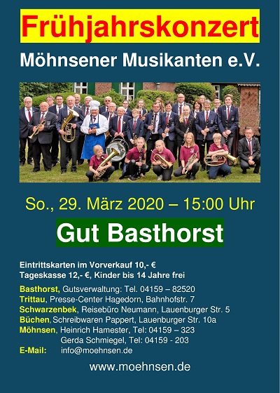 Frühjahrskonzert der Möhnsener Musikanten am 29. März 2020 auf Gut Basthorst