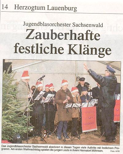  Die Lübecker Nachrichten berichten am 17.12.05 über das Jugendblasorchester Sachsenwald - Bild anklicken um gesamten Bericht zu lesen