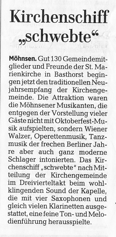 Die Lübecker Nachrichten
    berichten am 19.01.2018 über das Neujahrskonuzert der Möhnsener Musikanten in der St. Marien Kirche zu Basthorst
