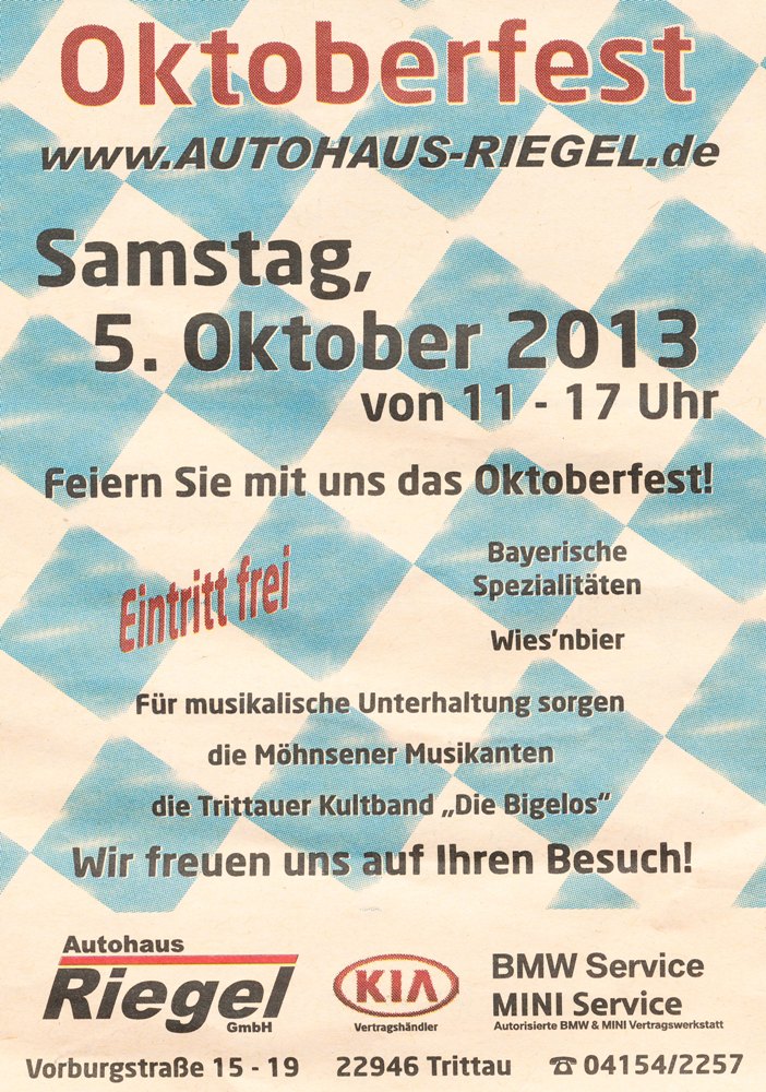 Am 5. Oktober 2013 wieder Oktoberfest im Autohaus Riegel in Trittau mit den Möhnsener Musikanten - Bild zum Vergrößern bitte anklicken