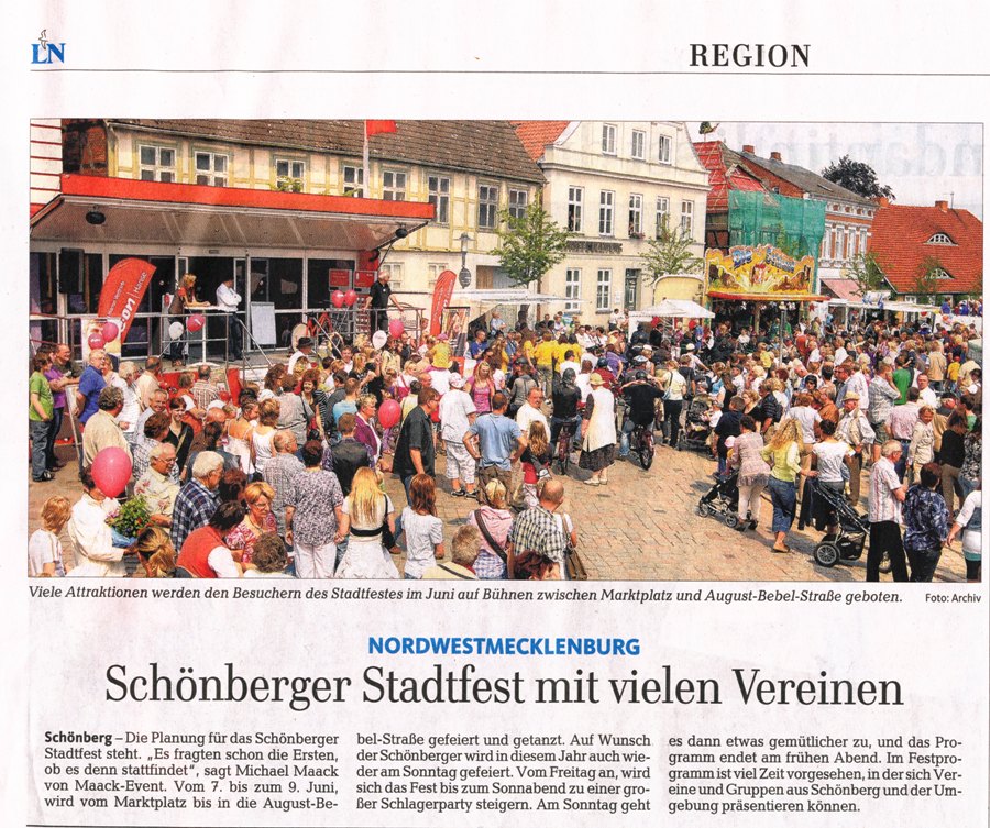 Die Lübecker Nachrichten veröffentlichenb einen Vorbericht auf das Schönberger (Nordwestmecklenburg) Stadtfest, die Möhnsener Musikanten spielen dort auf am 9. Juni 2013 auf dem Marktplatz   - bitte anklicken, um den Bericht zu lesen
